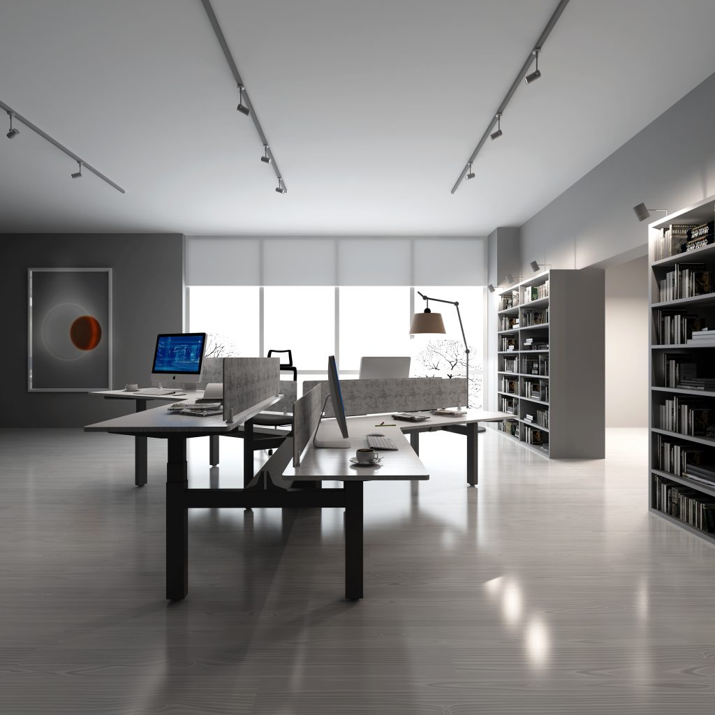 3 way multiperson workstation in office scenes.